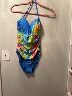 BECCA Blue One-Piece Swimsuit with Yellow and Pink Floral Print